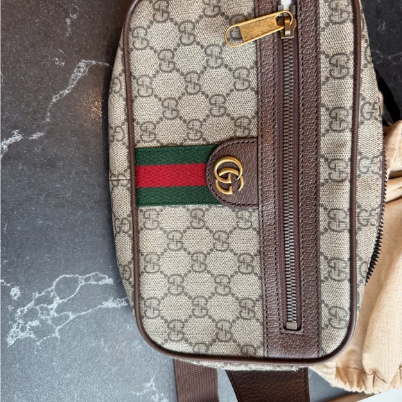 Gucci Beige and Brown Belt Bag with Green and Red Stripe